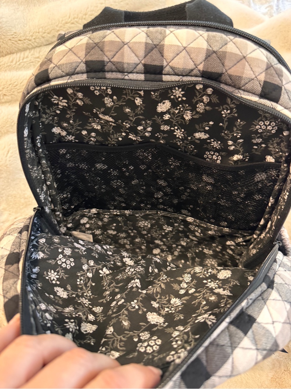 Vera Bradley Cotton Campus Backpack, Kingbird Plaid, One Size Black & White - Picture 7 of 15
